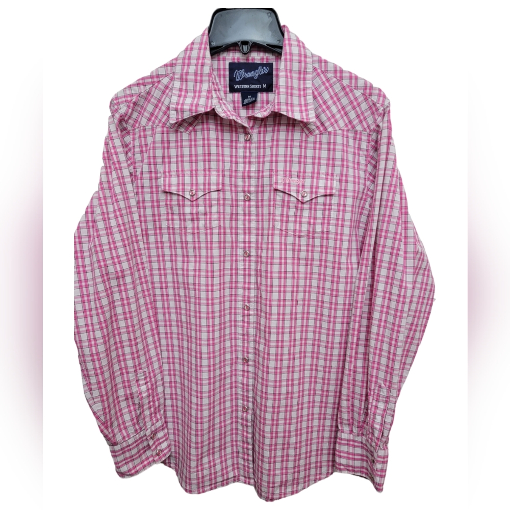 Wrangler Woman’s M Western Breast Cancer Shirt Pink Plaid Pearl Snaps